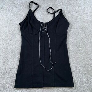 Y2K VTG Tank Womens S Black Stretch Jrs Lace Trim Cami Corset Goth Witchy Sexy